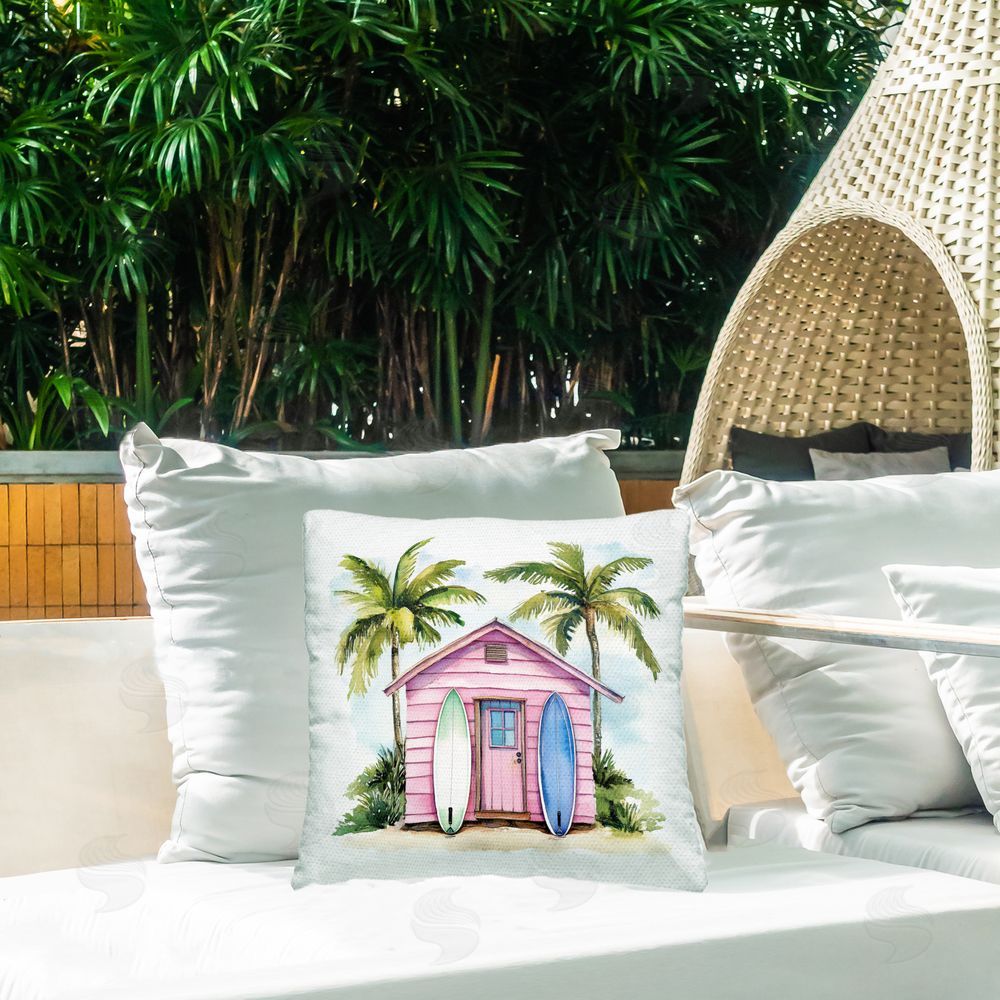 Petal Prints Design Surf Shack Under Palms Outdoor Square Printed Throw Pillow on Seat