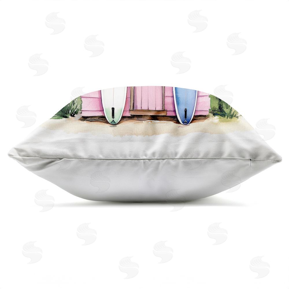 Petal Prints Design Surf Shack Under Palms Outdoor Square Printed Throw Pillow Side View with Zipper Detail