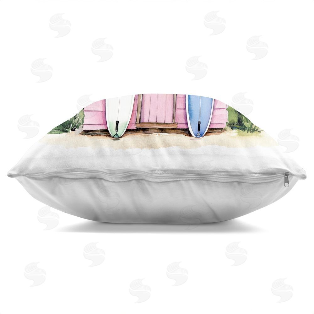 Petal Prints Design Surf Shack Under Palms Square Printed Throw Pillow Side View with Zipper Detail
