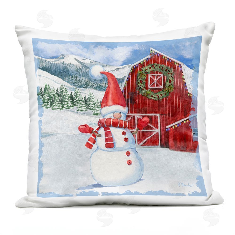 Paul Brent Frosty Barn & Snowman Outdoor Square Printed Throw Pillow