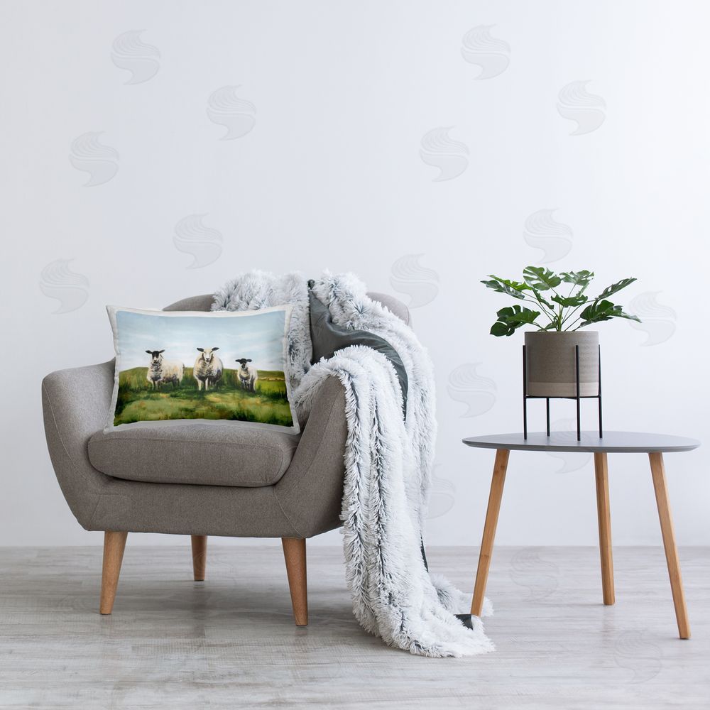 Michael Willett Sheep Trio in Field Plush Polyester Printed Lumbar Pillow on Chair