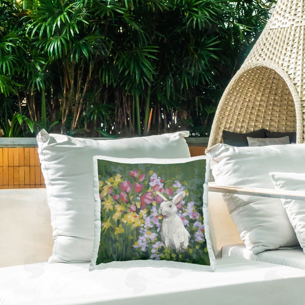 June Erica Vess Botanical Bliss Bunny Square Outdoor Quick-Dry Polyester Throw Pillow on Seat