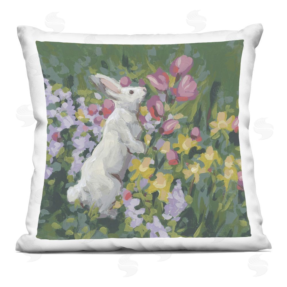 June Erica Vess Bunny in Garden Impression Square Plush Polyester Throw Pillow
