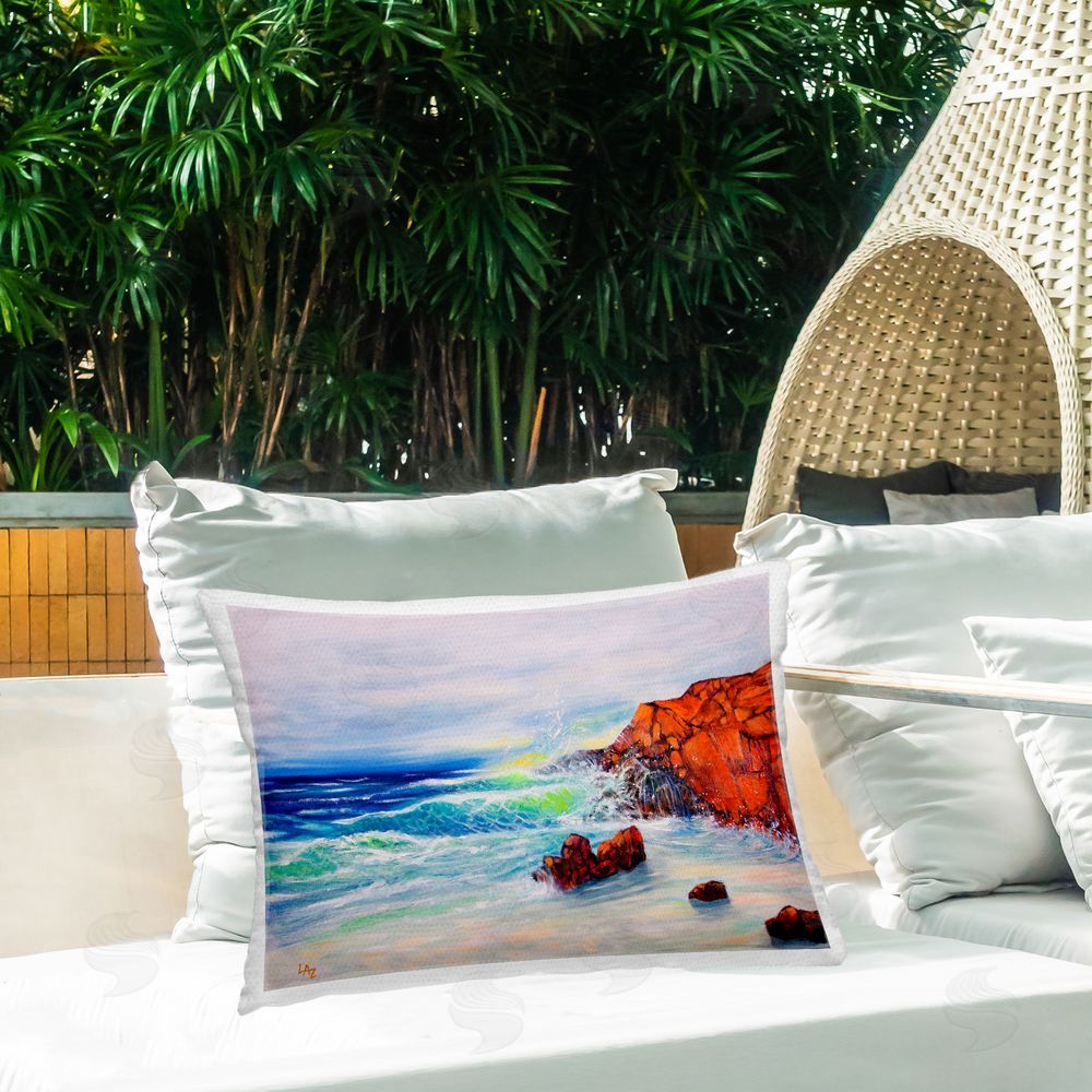 Lee Ann Zirbes Deep Blue Rocky Beach Outdoor Quick-Dry Polyester Printed Lumbar Pillow on Patio