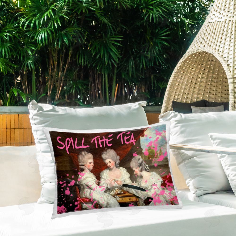 Grotto Studios Spill The Tea Iconic Ladies Printed Throw Pillow on Patio