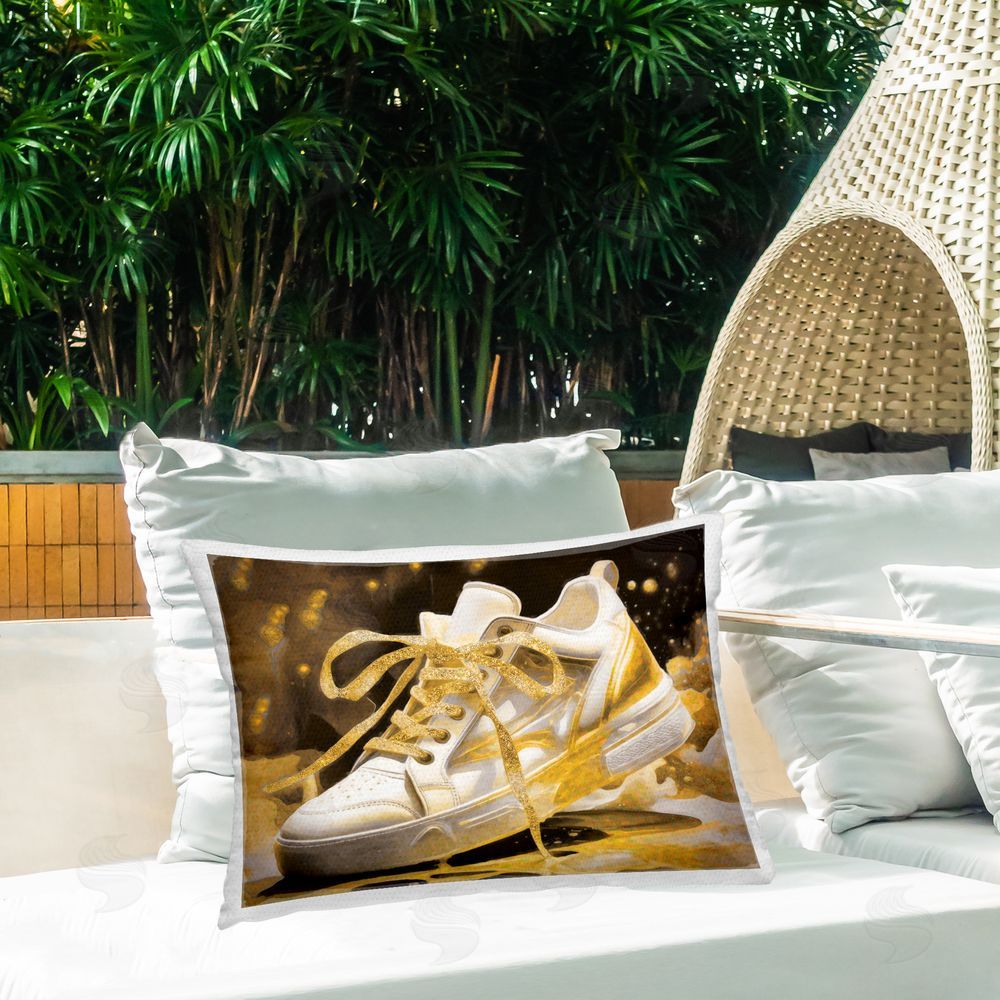 Grotto Studios Splashy Gold Sneaker Printed Throw Pillow on Patio