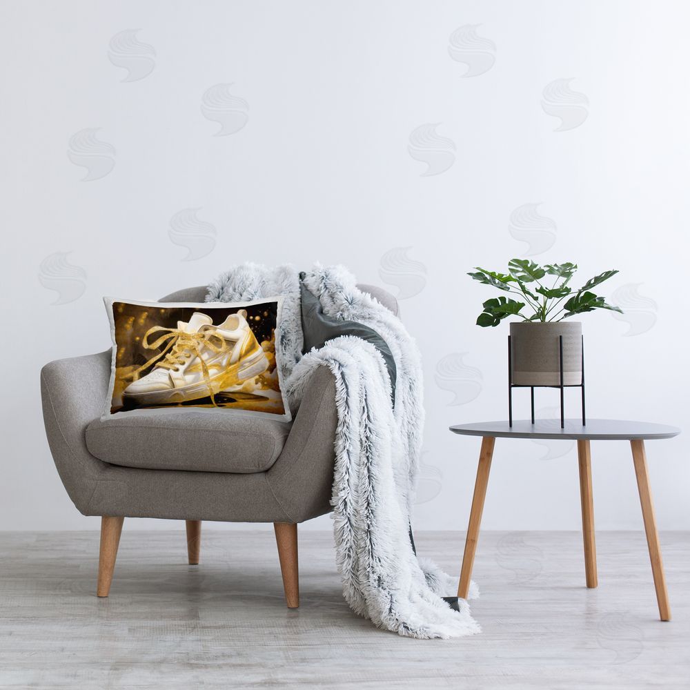 Grotto Studios Splashy Gold Sneaker Printed Throw Pillow in Room