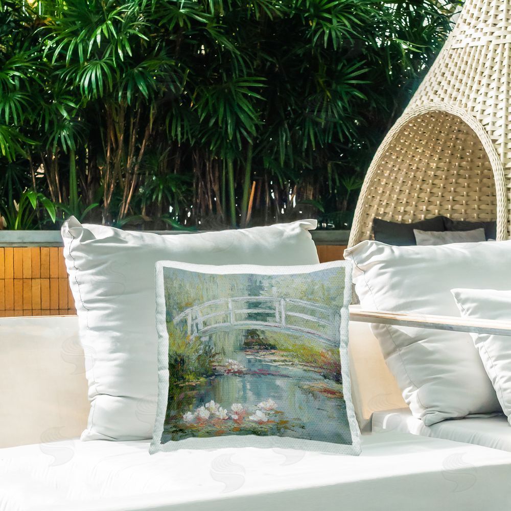 Svetlana Aleynikova Whispering Bridge Over Lily Pond Outdoor Quick-Dry Polyester Printed Square Pillow on Patio