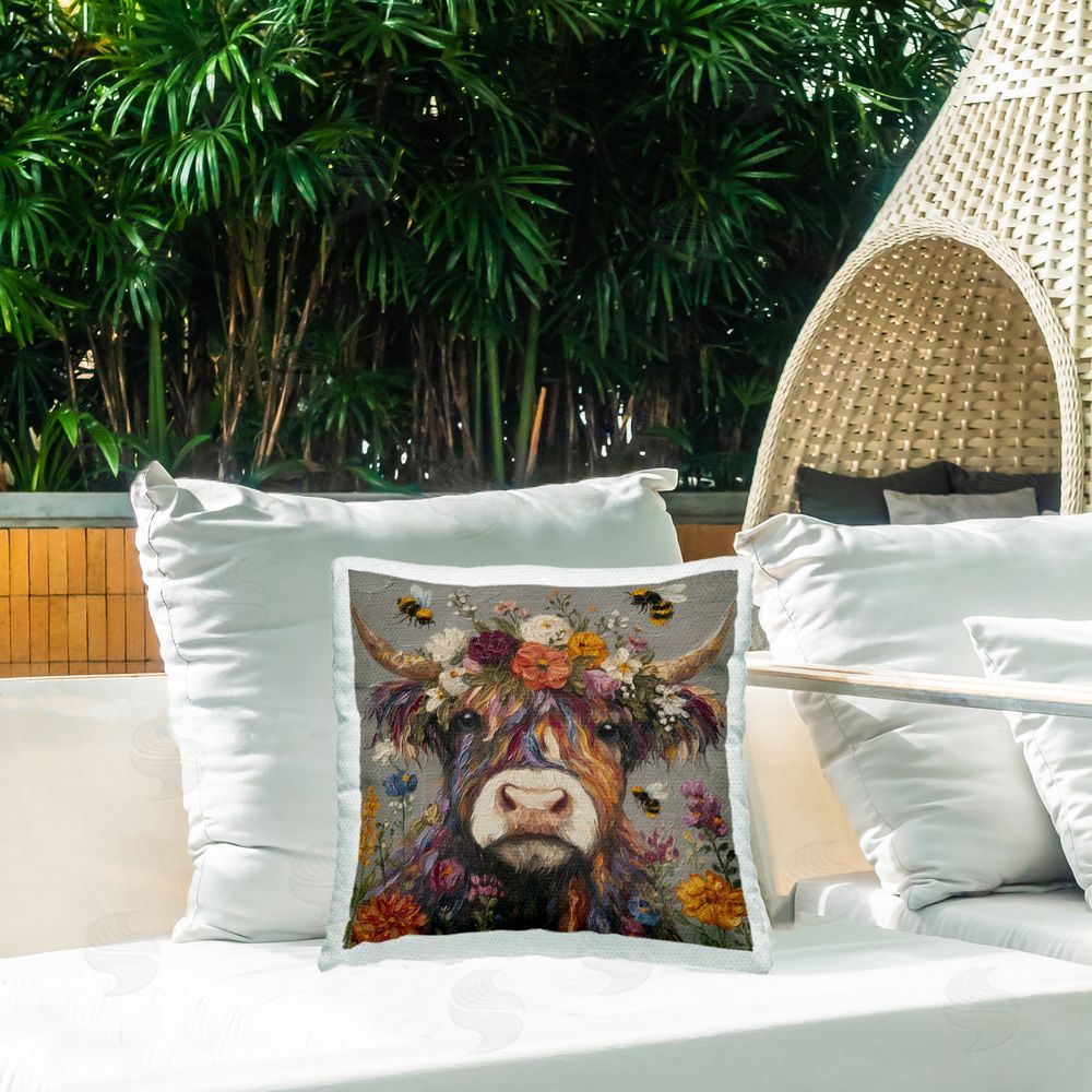 Svetlana Aleynikova Floral Crown & Bees Cattle Outdoor Quick-Dry Polyester Printed Square Pillow on Patio