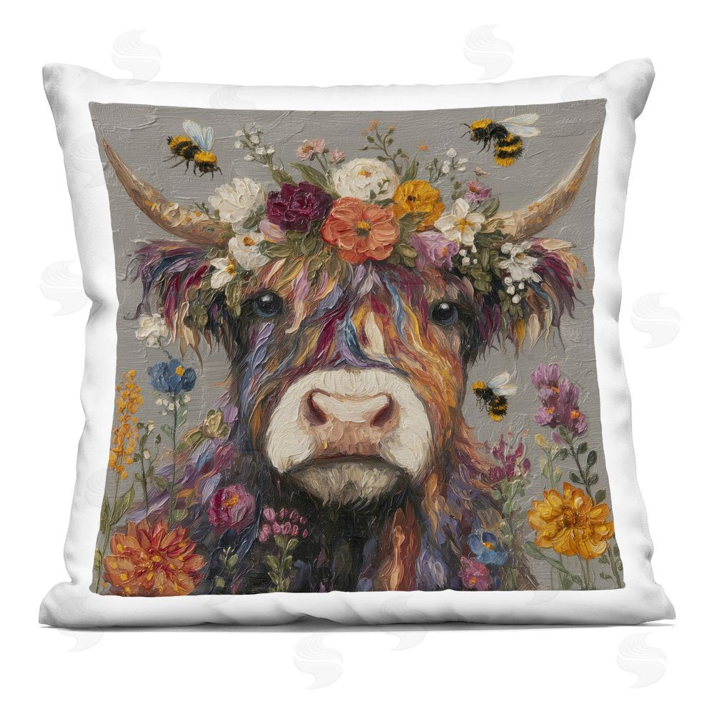 Svetlana Aleynikova Floral Crown & Bees Cattle Indoor Plush Polyester Square Throw Pillow