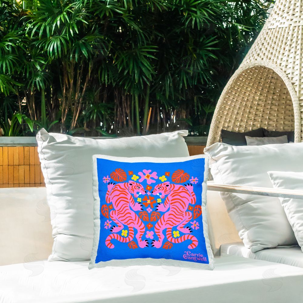 Carrie Cantwell Pink Tigers and Monstera Square Outdoor Quick-Dry Polyester Throw Pillow on Seat