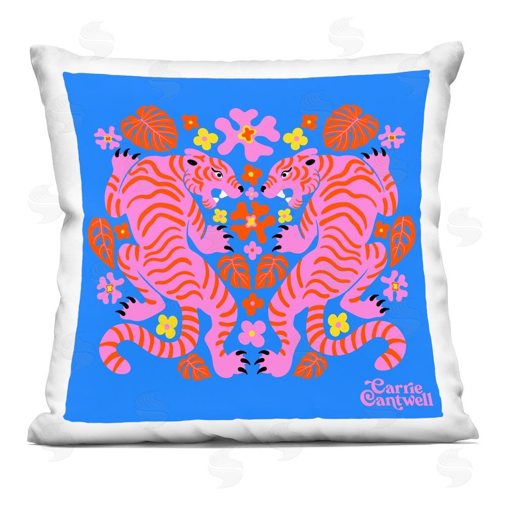Carrie Cantwell Pink Tigers and Monstera Square Plush Polyester Throw Pillow