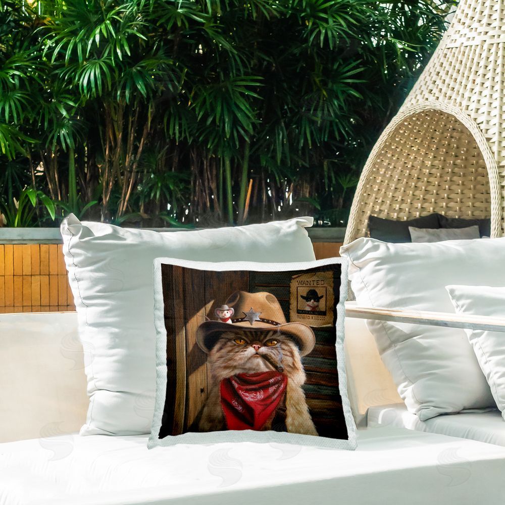 Lucia Heffernan Deputy Purrkins Cat Sheriff Square Printed Throw Pillow on Patio