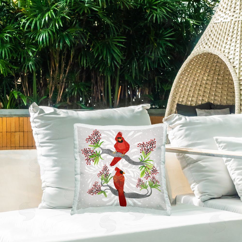 Kay Widdowson Christmas Birds with Berries Square Printed Throw Pillow on Patio