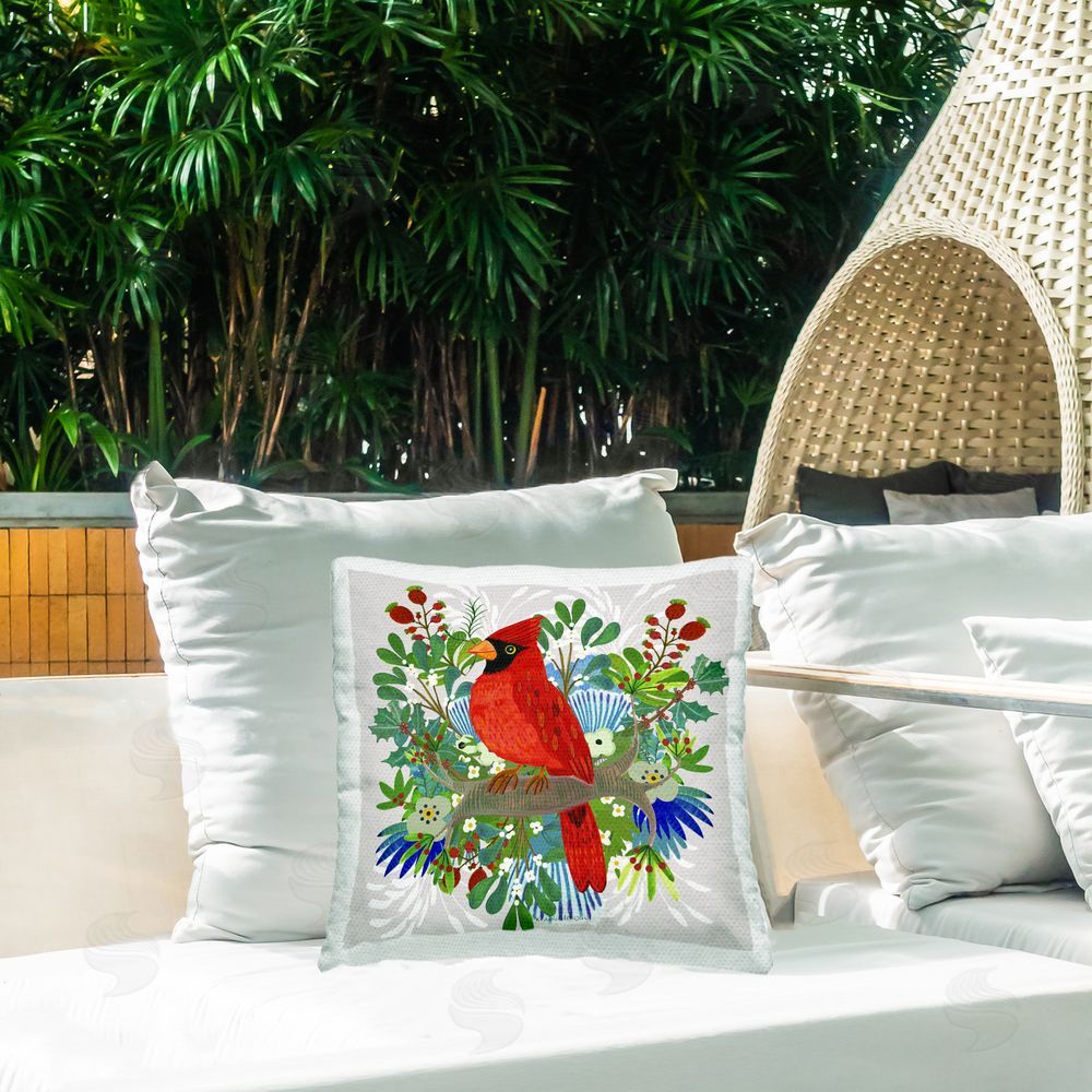 Kay Widdowson Christmas Nestings Cardinal Square Printed Throw Pillow on Patio
