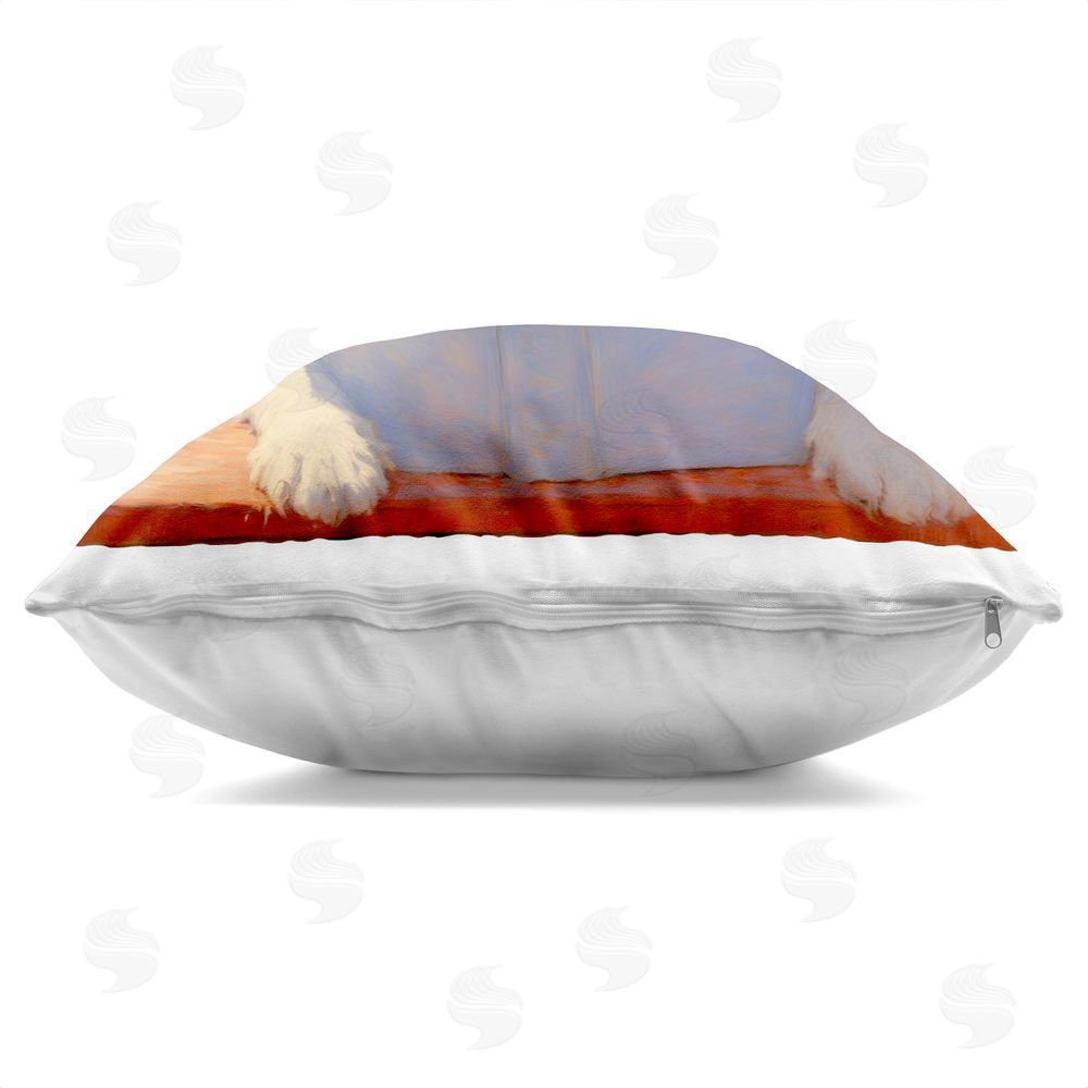 Angie Hawke Sunlit Dog Reading By Window Square Printed Throw Pillow Side View with Zipper Detail