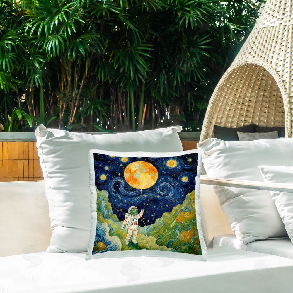 Angie Hawke Impressionist Astronaut in Space Square Printed Throw Pillow on Patio