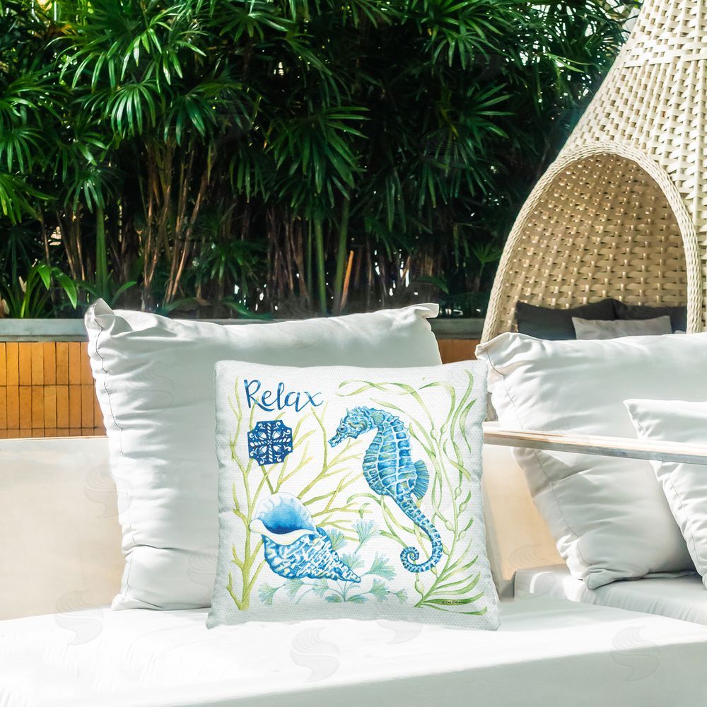Deb Strain Relax Seahorse & Seashell Outdoor Quick-Dry Polyester Printed Square Pillow on Patio
