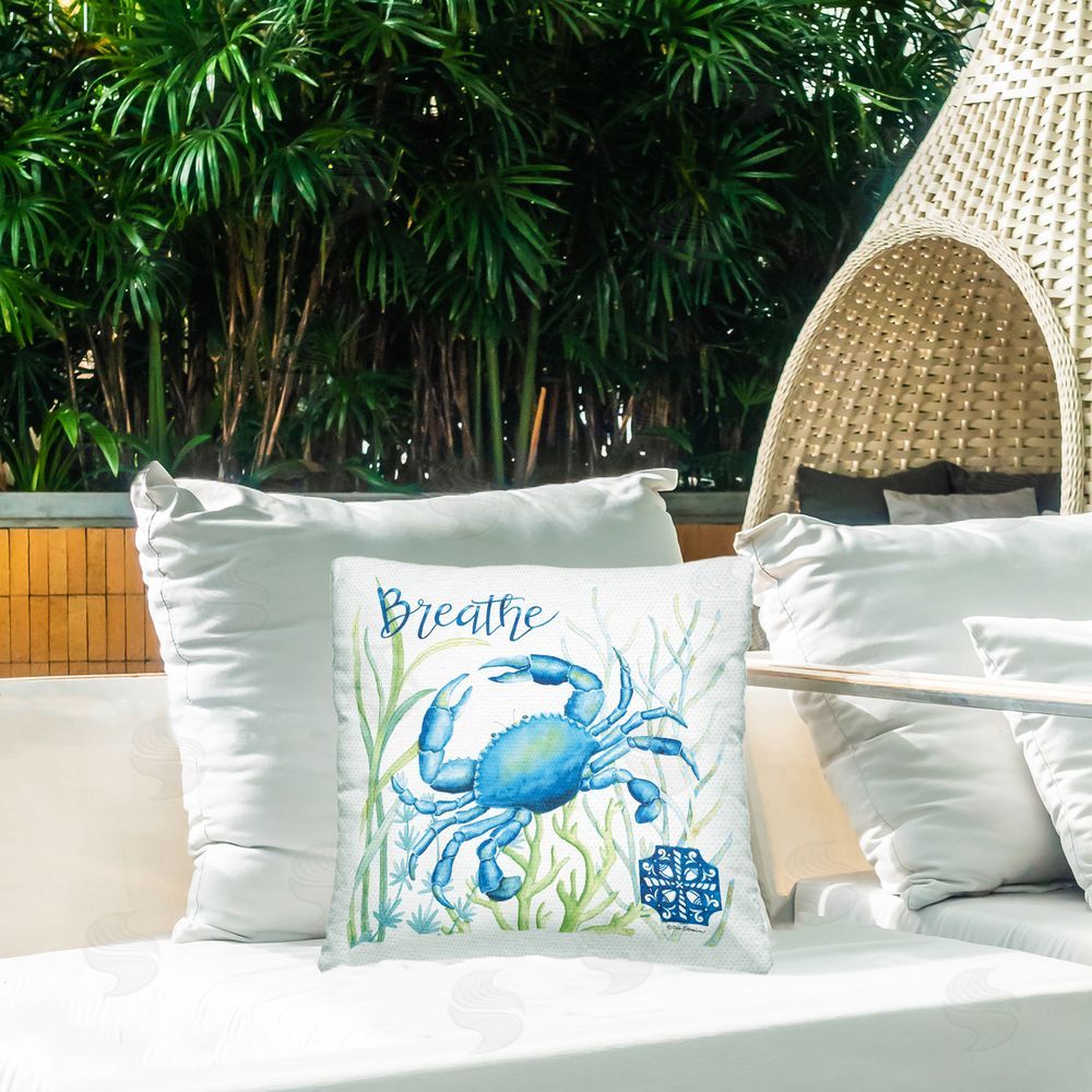 Deb Strain Breath Blue Crab Among Seaweed Outdoor Quick-Dry Polyester Printed Square Pillow on Patio
