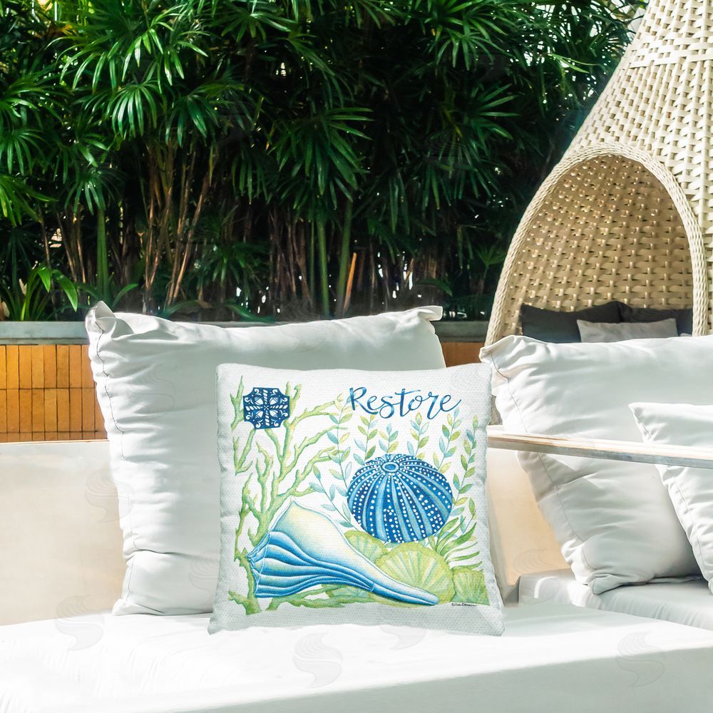 Deb Strain Restore Sea Urchin & Shell Outdoor Quick-Dry Polyester Printed Square Pillow on Patio