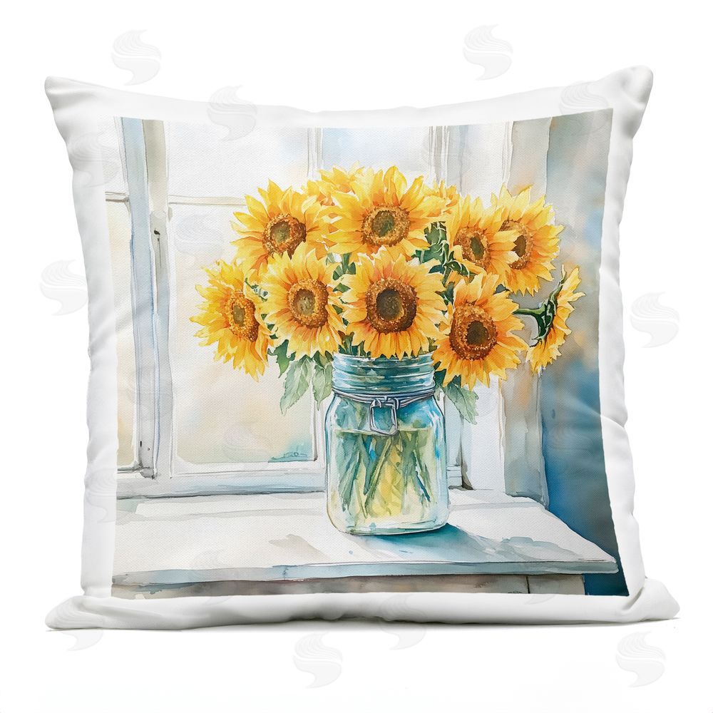 Acorn & Ivory Designs Sunlit Sunflowers in Jar Outdoor Quick-Dry Polyester Square Throw Pillow