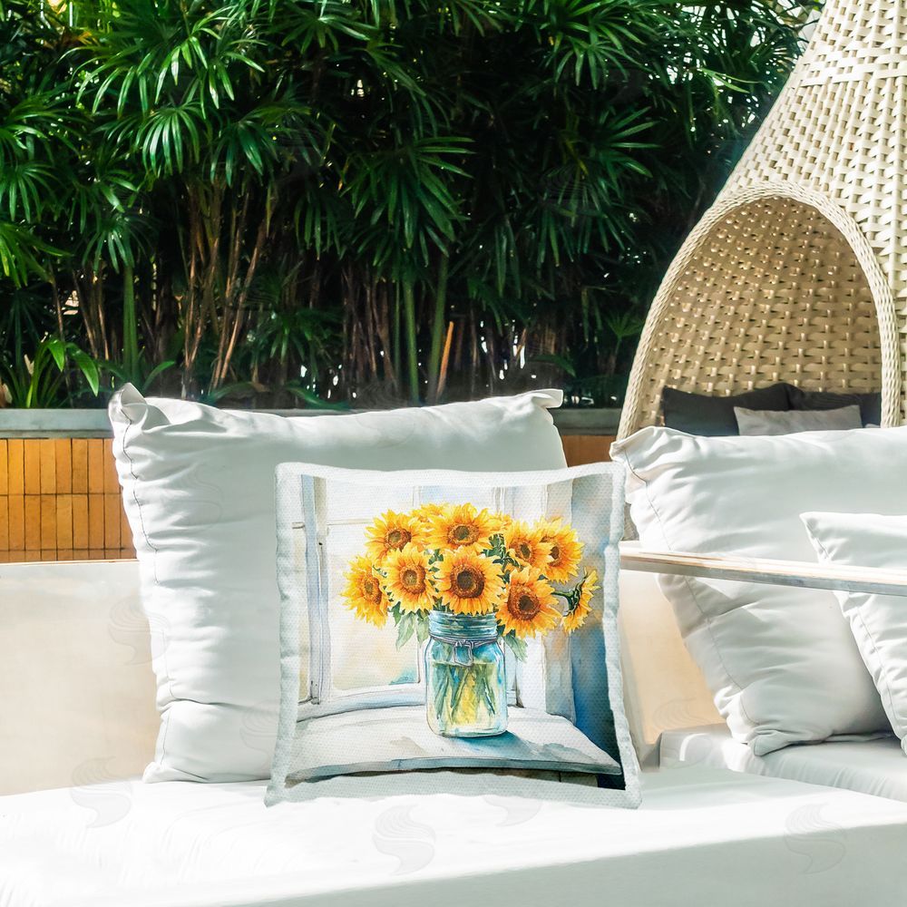 Acorn & Ivory Designs Sunlit Sunflowers in Jar Outdoor Quick-Dry Polyester Printed Square Pillow on Patio