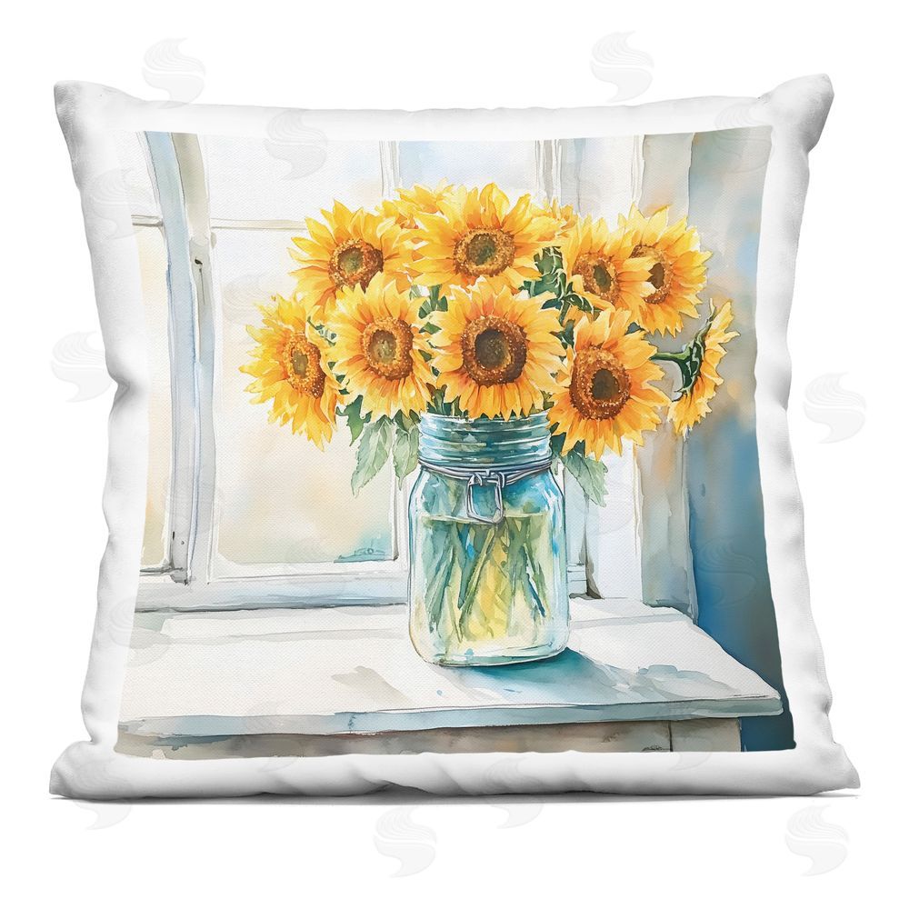 Acorn & Ivory Designs Sunlit Sunflowers in Jar Indoor Plush Polyester Square Throw Pillow