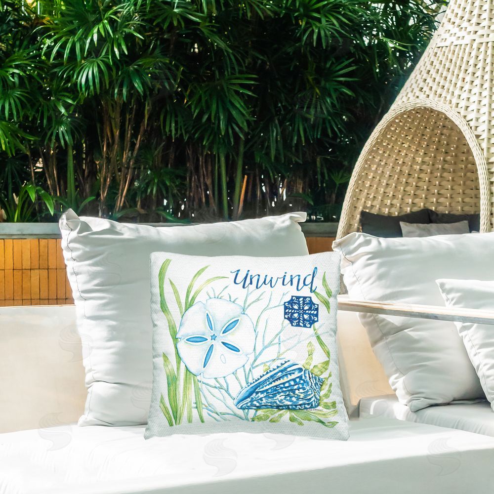 Deb Strain Unwind Sand Dollar & Shell Outdoor Quick-Dry Polyester Printed Square Pillow on Patio