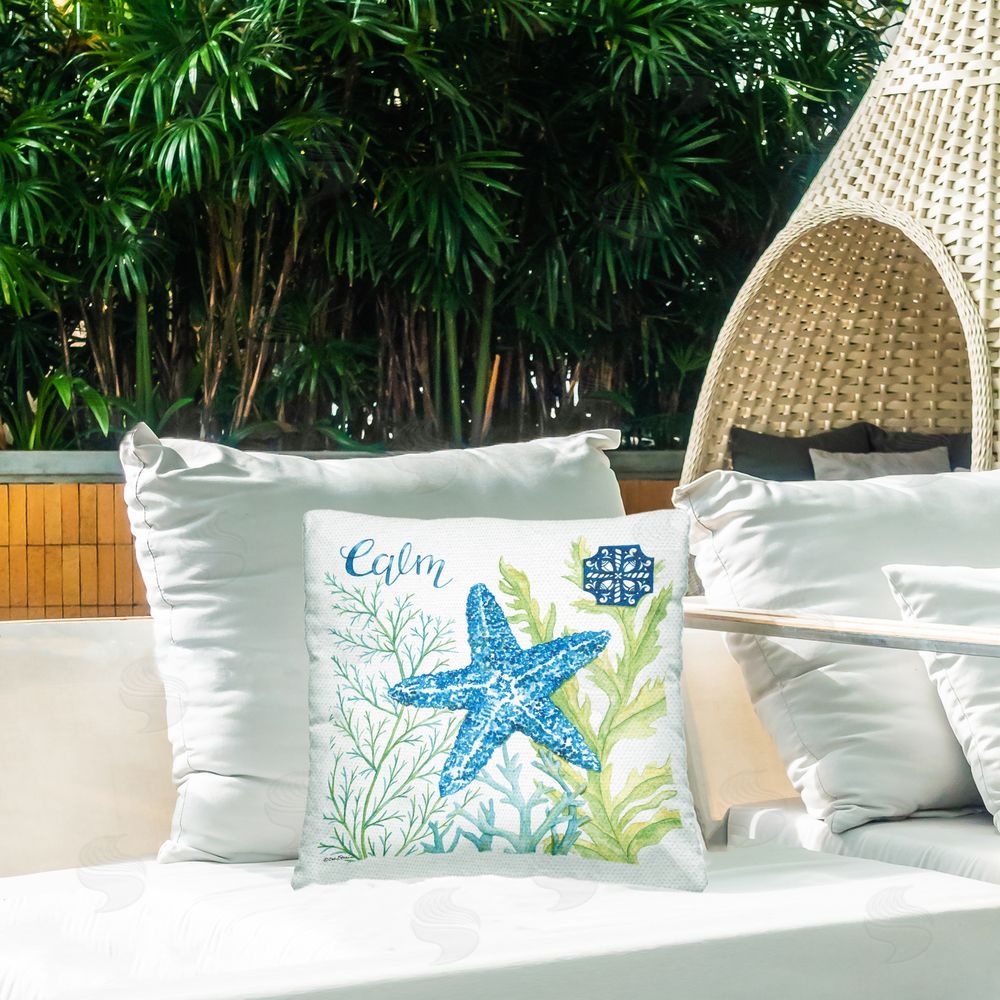 Deb Strain Calm Starfish & Seaweed Outdoor Quick-Dry Polyester Printed Square Pillow on Patio