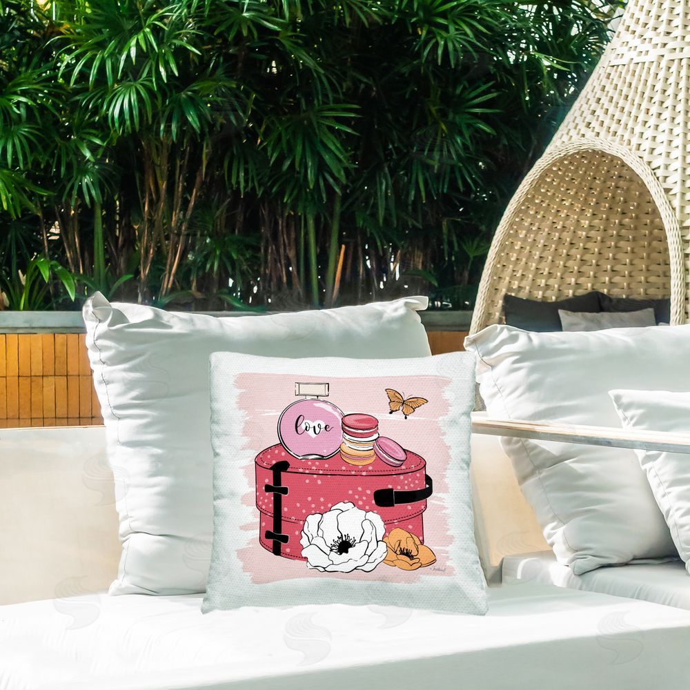 Martina Pavlova Pink Love Perfume & Macarons Outdoor Quick-Dry Polyester Printed Square Pillow on Patio