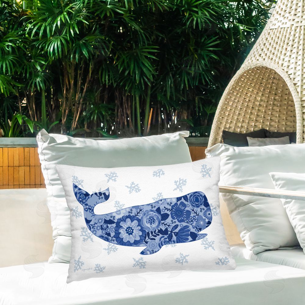 Annie LaPoint Blue Floral Whale Ocean Pattern Outdoor Quick-Dry Polyester Printed Lumbar Pillow on Patio