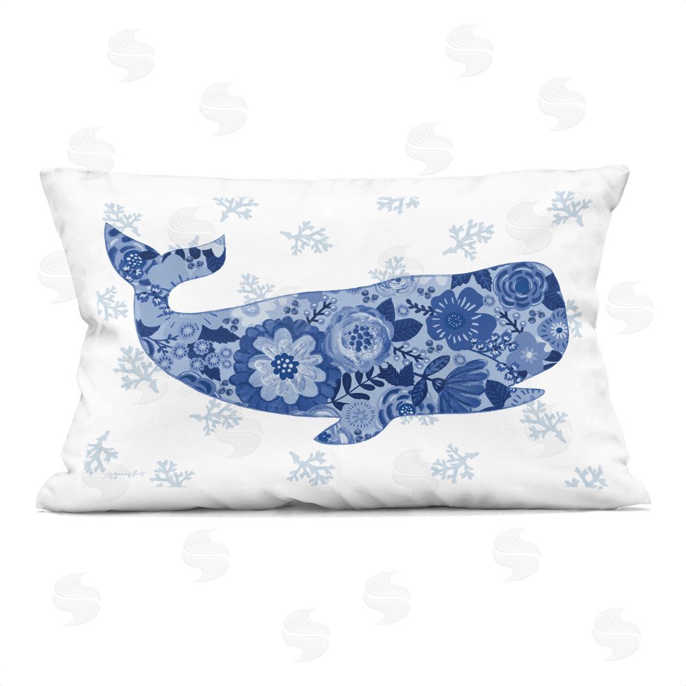 Annie LaPoint Blue Floral Whale Ocean Pattern Indoor Plush Polyester Lumbar Pillow