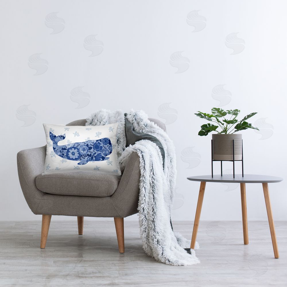 Annie LaPoint Blue Floral Whale Ocean Pattern Plush Polyester Printed Lumbar Pillow on Chair