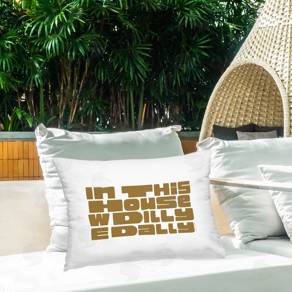 Susan Ball We Dilly Dally Family Phrase Outdoor Quick-Dry Polyester Printed Lumbar Pillow on Patio