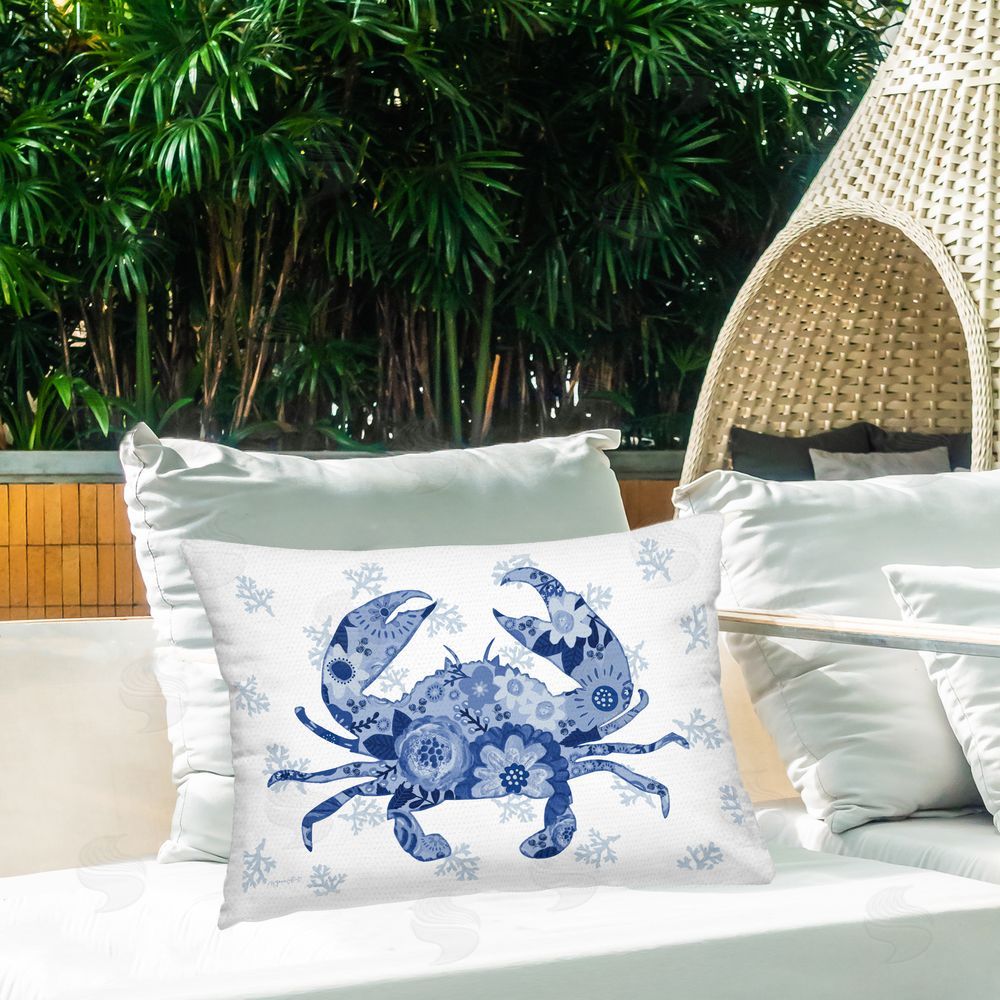 Annie LaPoint Blue Floral Patterned Crab Outdoor Quick-Dry Polyester Printed Lumbar Pillow on Patio
