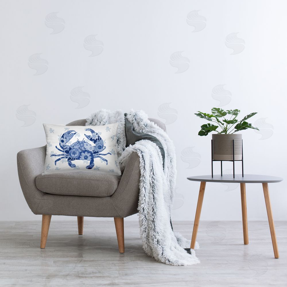 Annie LaPoint Blue Floral Patterned Crab Plush Polyester Printed Lumbar Pillow on Chair