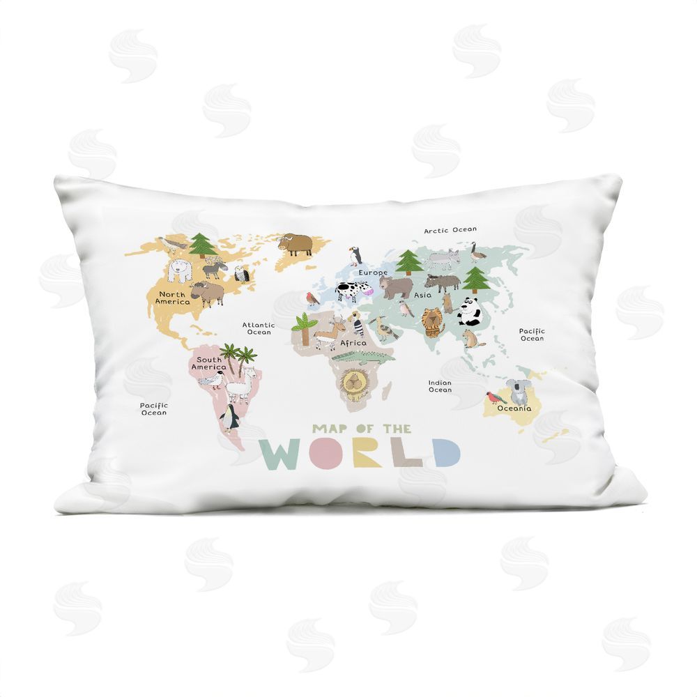 Carla Daly Map Of World Pastel Animals Outdoor Rectugular Printed Throw Pillow