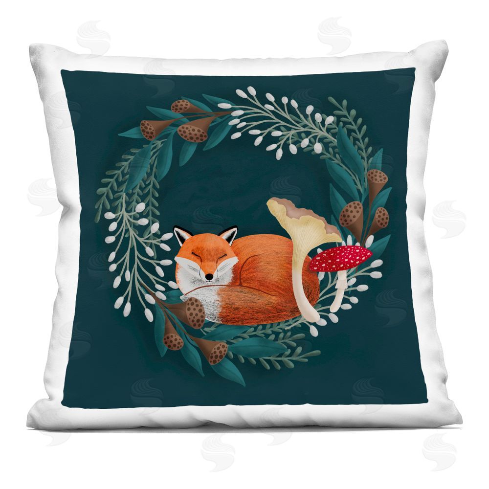Metka Hiti Sleepy Fox in Botanical Wreath Square Printed Throw Pillow