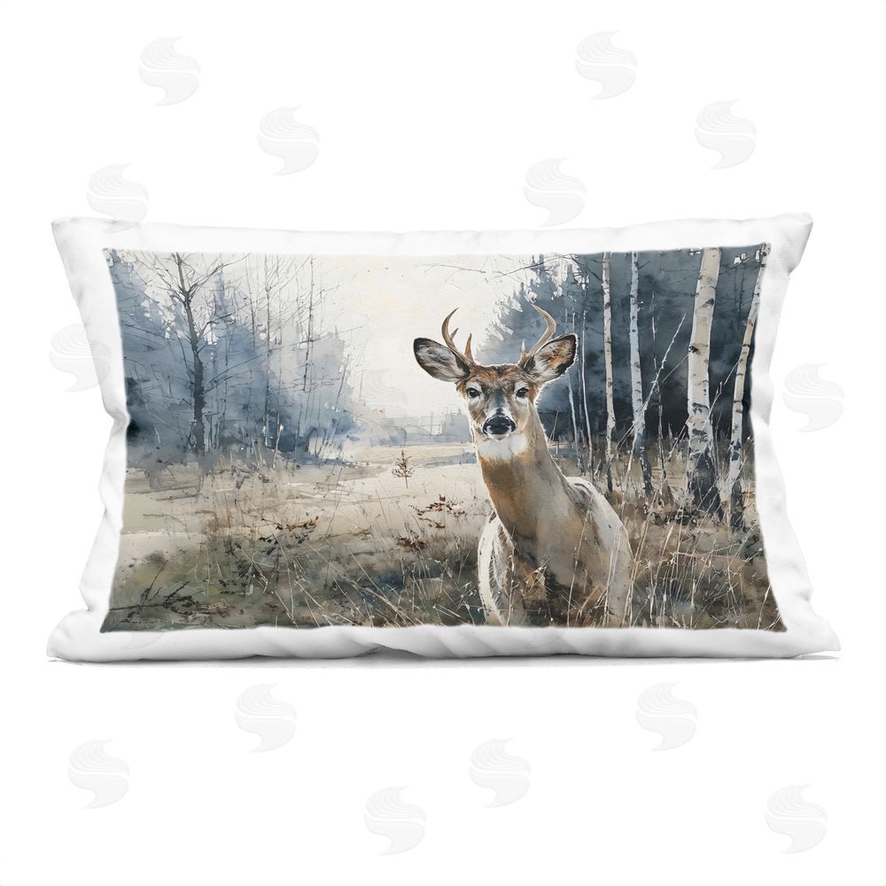 Franklyn Gregory Deer in Winter Wilderness Printed Lumbar Throw Pillow