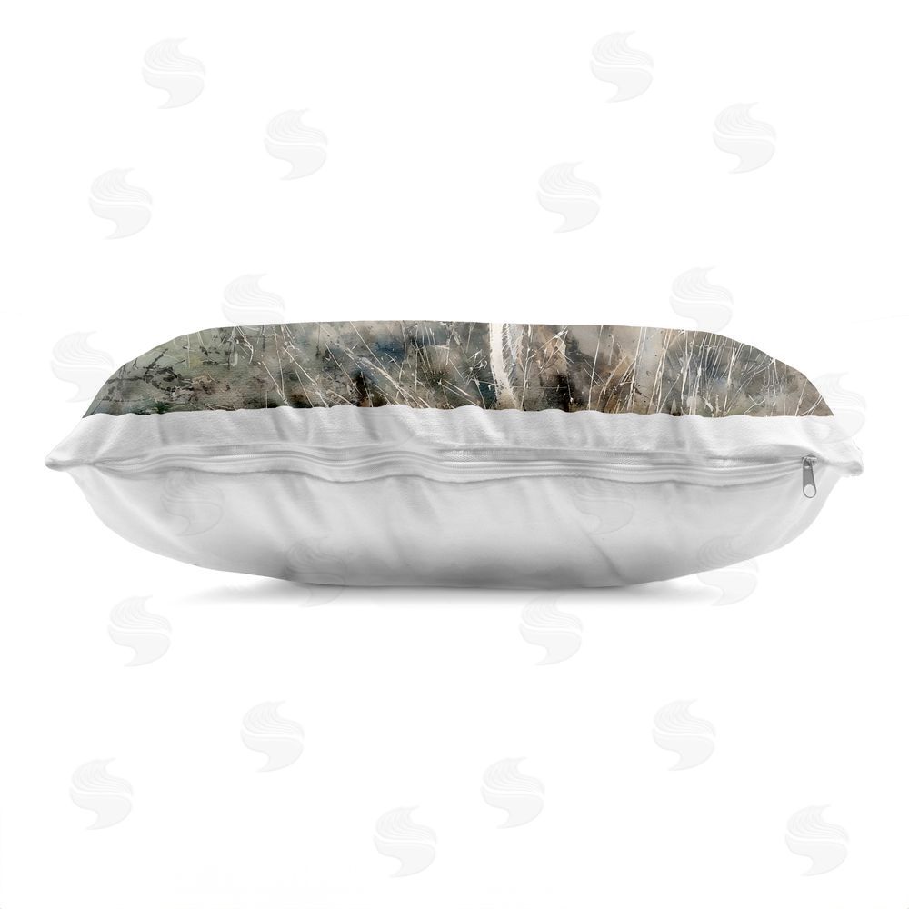 Franklyn Gregory Deer in Winter Wilderness Printed Lumbar Throw Pillow Side View with Zipper Detail