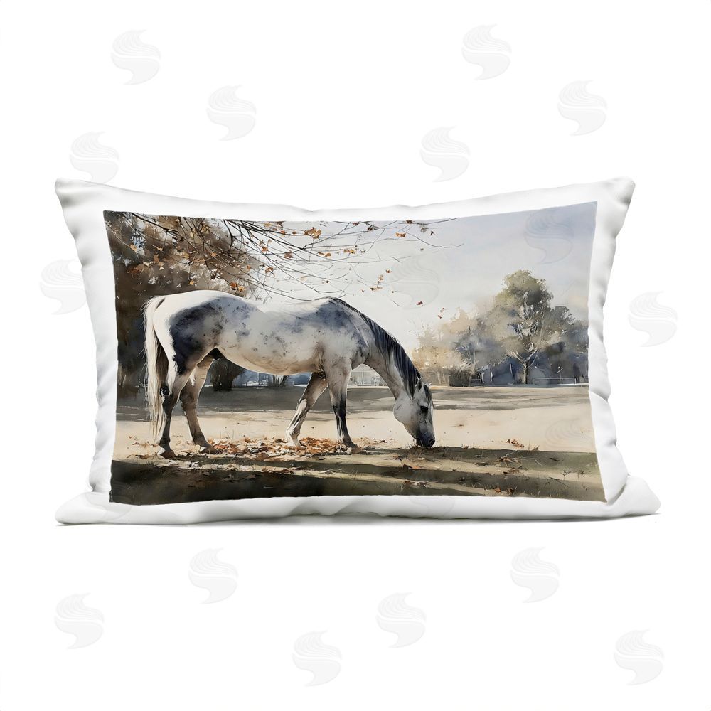 Franklyn Gregory Grey & White Mare Grazing Outdoor Printed Lumbar Throw Pillow