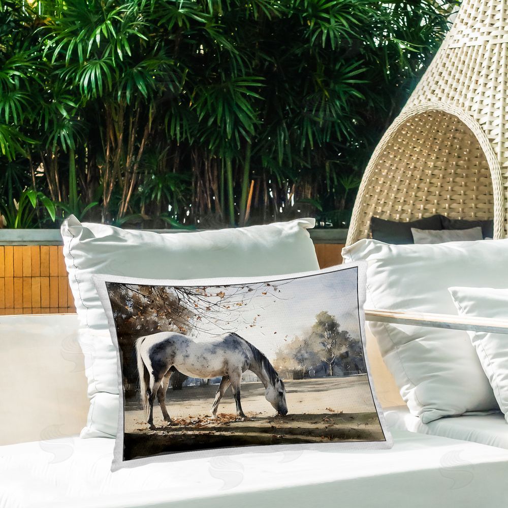 Franklyn Gregory Grey & White Mare Grazing Outdoor Printed Lumbar Throw Pillow on Seat