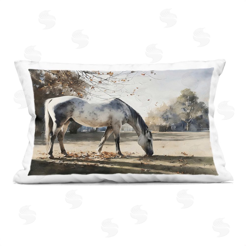 Franklyn Gregory Grey & White Mare Grazing Printed Lumbar Throw Pillow