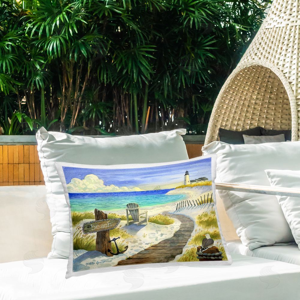 Robin Altman Boardwalk To The Lighthouse Outdoor Printed Lumbar Throw Pillow on Seat