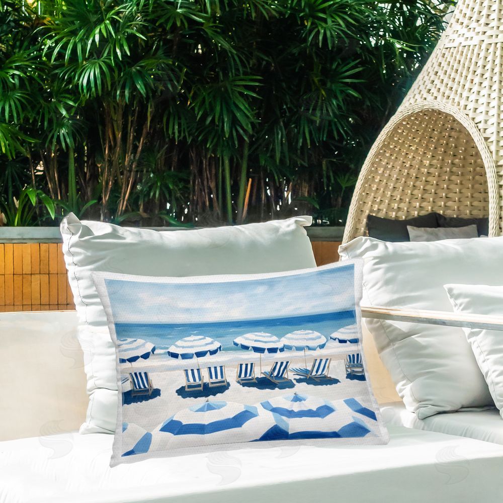 Sisi and Seb Beach Nice Blue Striped Umbrellas Outdoor Printed Lumbar Throw Pillow on Seat