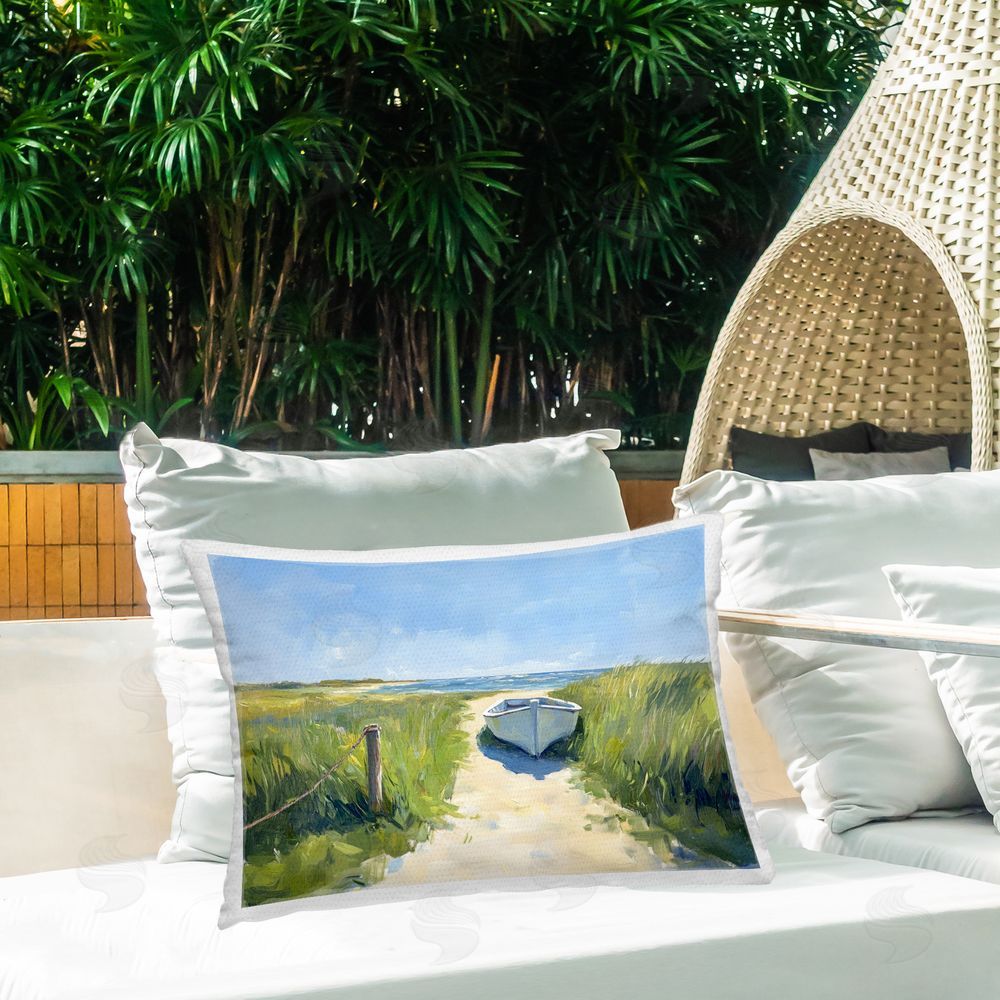 Sisi and Seb Moored Boat on Path Outdoor Printed Lumbar Throw Pillow on Seat