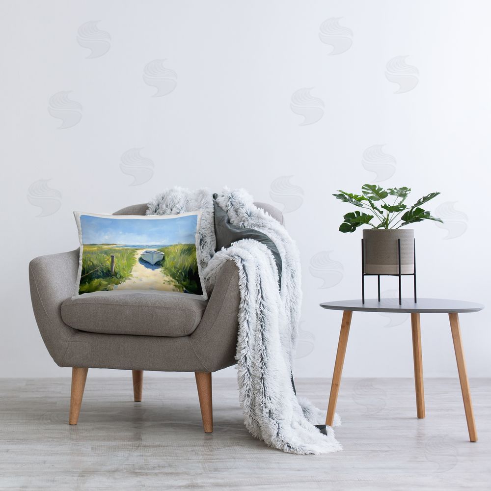 Sisi and Seb Moored Boat on Path Printed Lumbar Throw Pillow on Seat