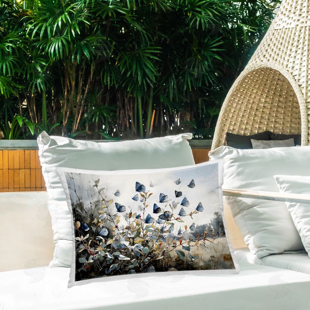 Franklyn Gregory Blue Butterflies Among Meadow Leaves Outdoor Printed Lumbar Throw Pillow on Seat