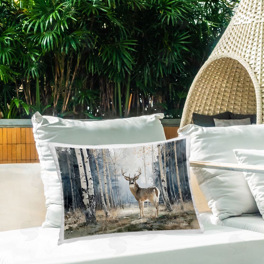 Franklyn Gregory Lone Stag in Birch Forest Outdoor Printed Lumbar Throw Pillow on Seat