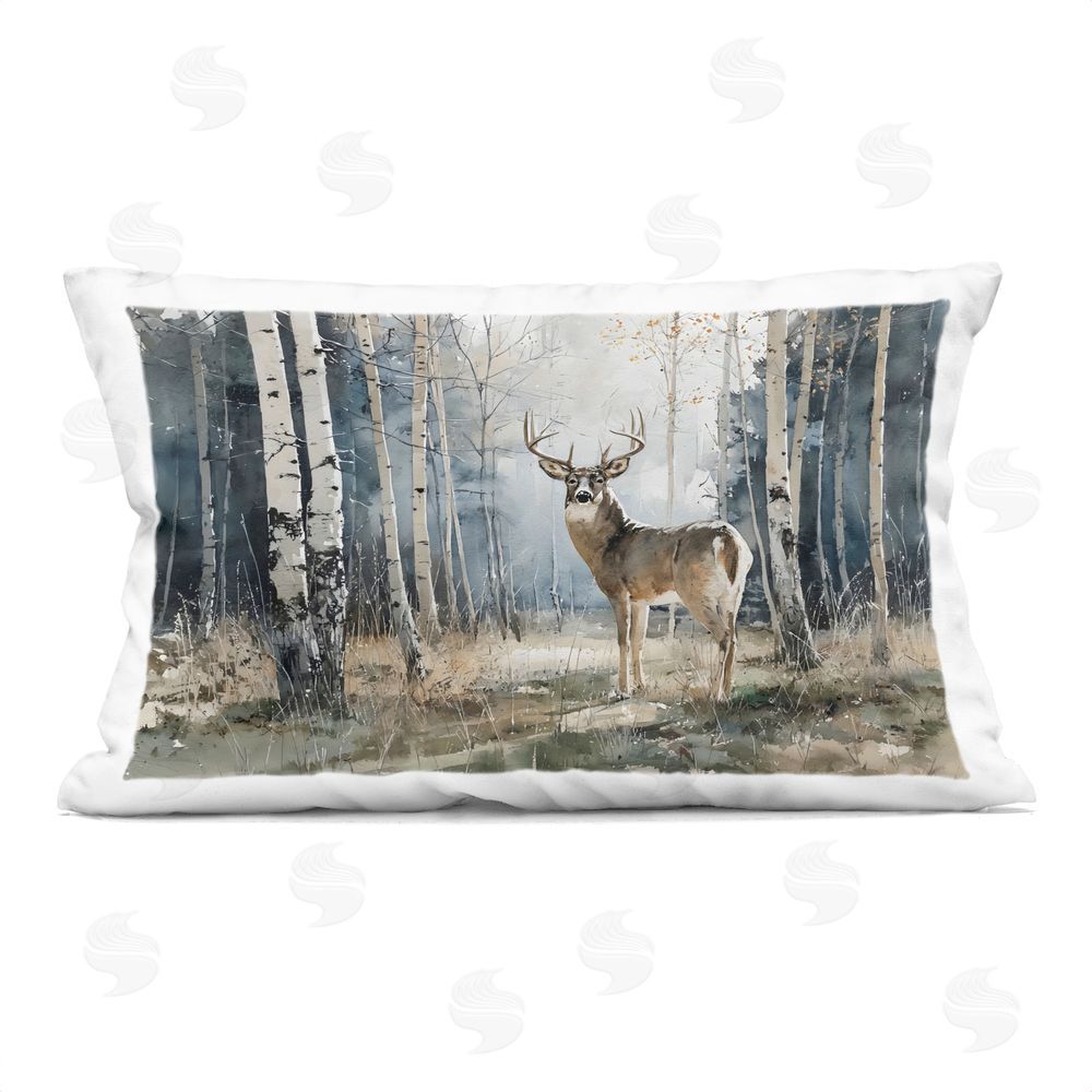 Franklyn Gregory Lone Stag in Birch Forest Printed Lumbar Throw Pillow